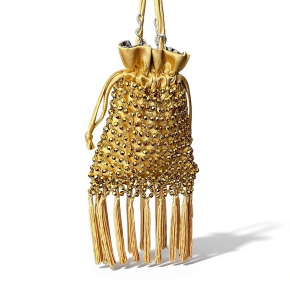 Betsey Johnson **RARE**Vintage Gold‎ Beaded Drawstring Fringe Bag – NWT